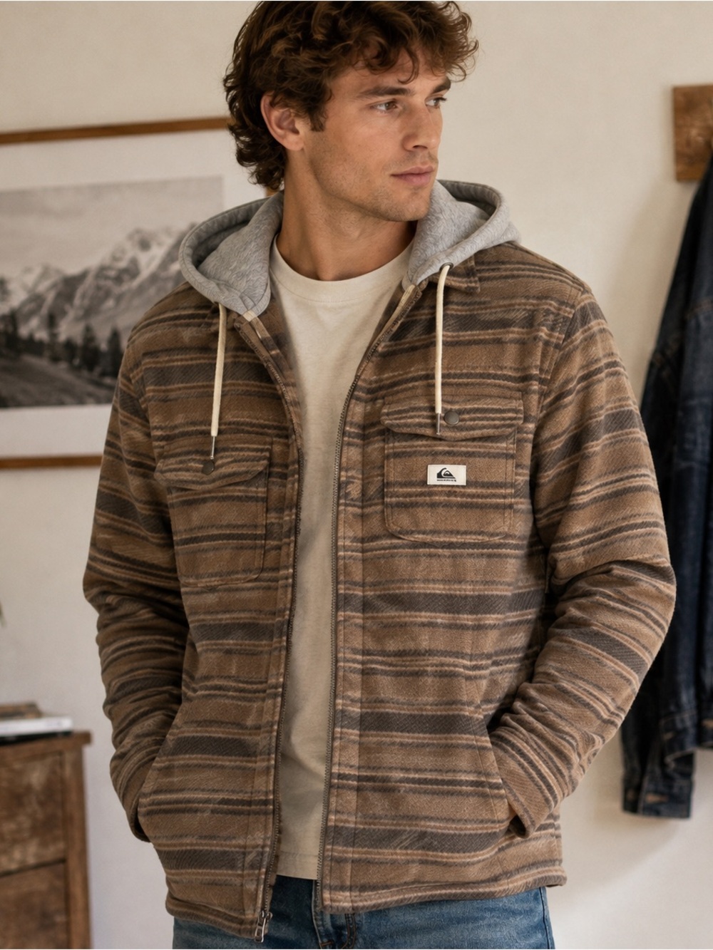 Quiksilver Brown Striped Hooded Shirt Jacket with Gray Hood